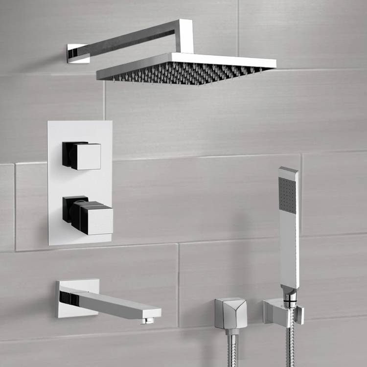 Remer TSH44-8 Chrome Thermostatic Tub and Shower Faucet Set with 8 Inch Rain Shower Head and Hand Shower